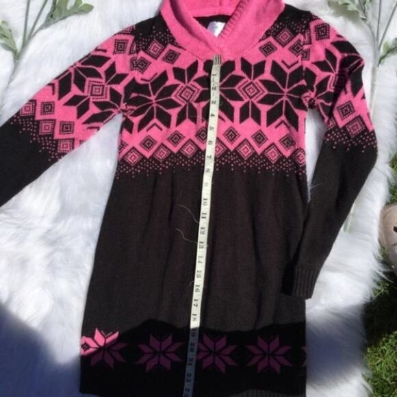 Justice Long Sweater Dress Junior 14 Pink Black Snowflake Hood Knit Winter - Picture 2 of 8